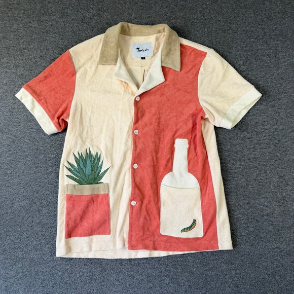 Tombolo Other - Tombolo El Gusano Terry Cloth Cabana Shirt Mens Small Coral Cream Agave Mezcal